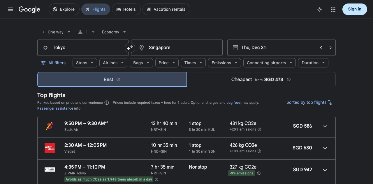 Dec 31 Tokyo to Singapore ZIPAIR fare screenshot